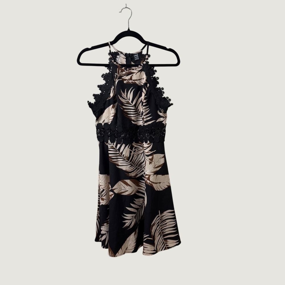 SHEIN Tropical Palm Print Halter Mini Dress Black Tan Lace Trim Coastal Resort S